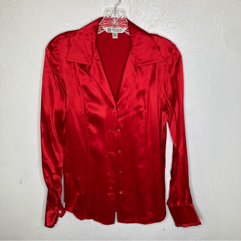 Austin Reed Button up Red Silk Blouse Shirt Long Sleeve Size:4